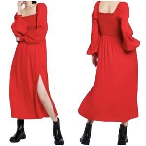 La Ligne x Target Smocked Bodice Midi Dress On Seam Pockets Red Size XS Ruffle